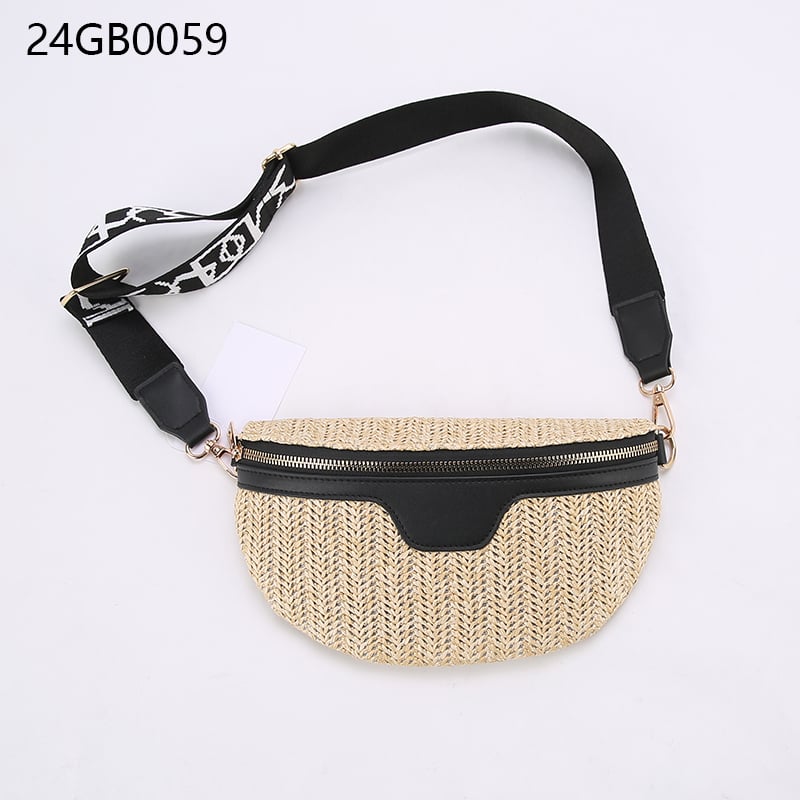 Designer women&#x27;s summer fashion fanny pack beige straw woven waist bag with zipper closure cross-body bag and chest pouch